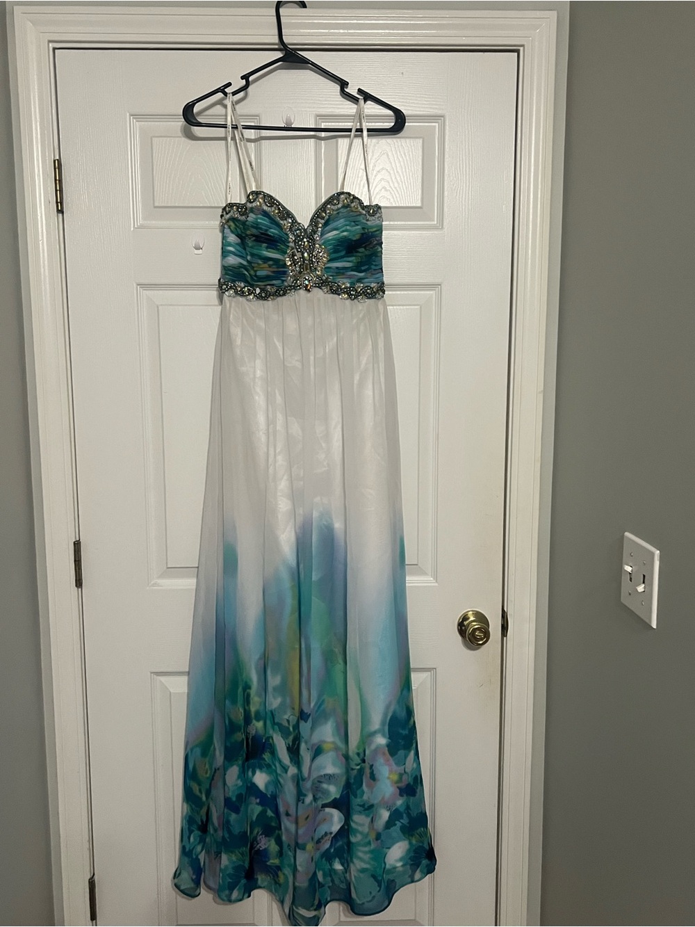Cachet White Gown with Teal and Aqua Beaded Bodice